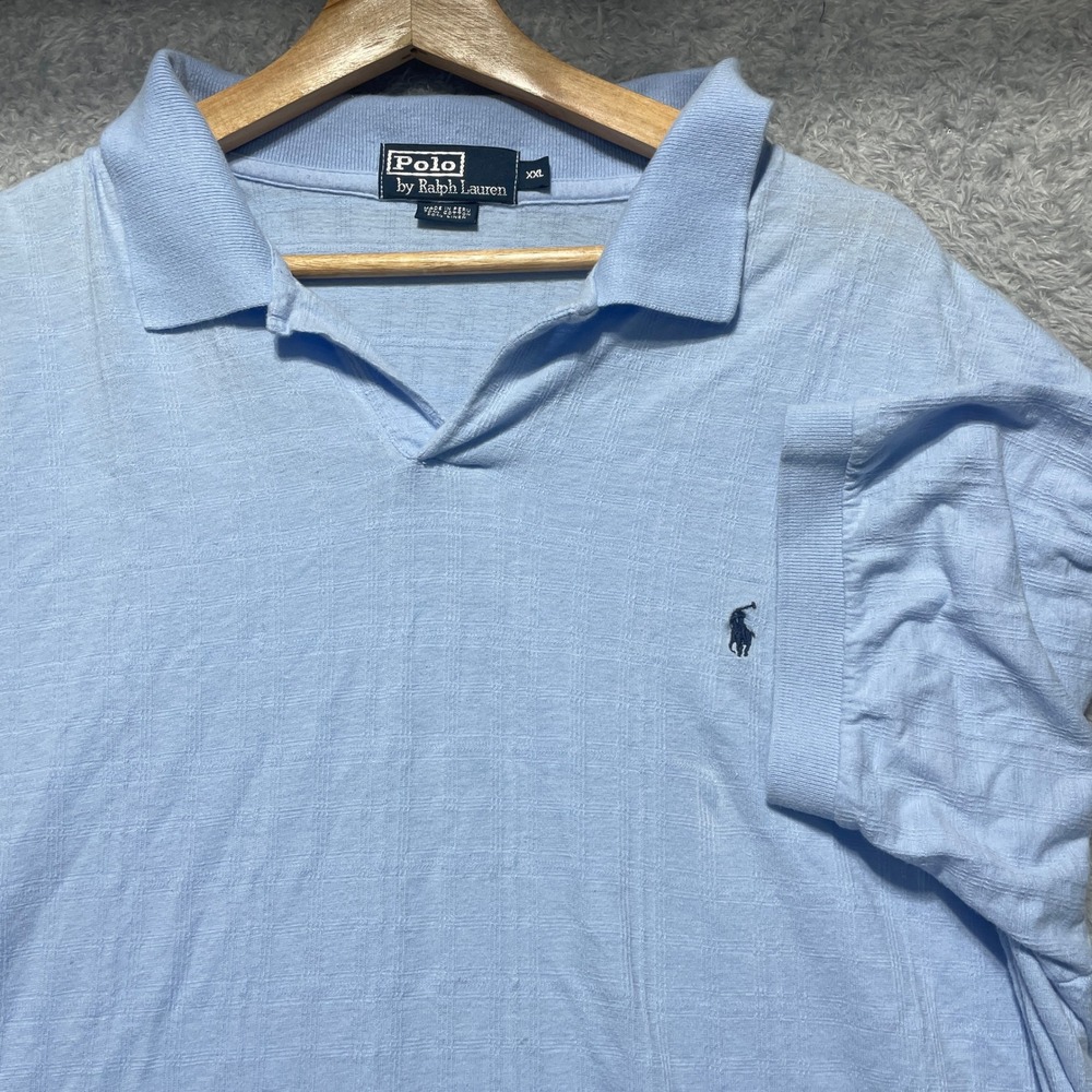 Polo Ralph Lauren Mens XXL Blue Cotton Linen Textured Grid V-Neck Polo Shirt